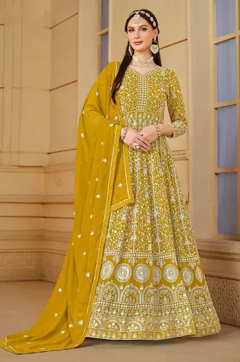 Mustard georgette embroidered & sequins semi stitched suit size up to 42