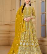 Mustard georgette embroidered & sequins semi stitched suit size up to 42