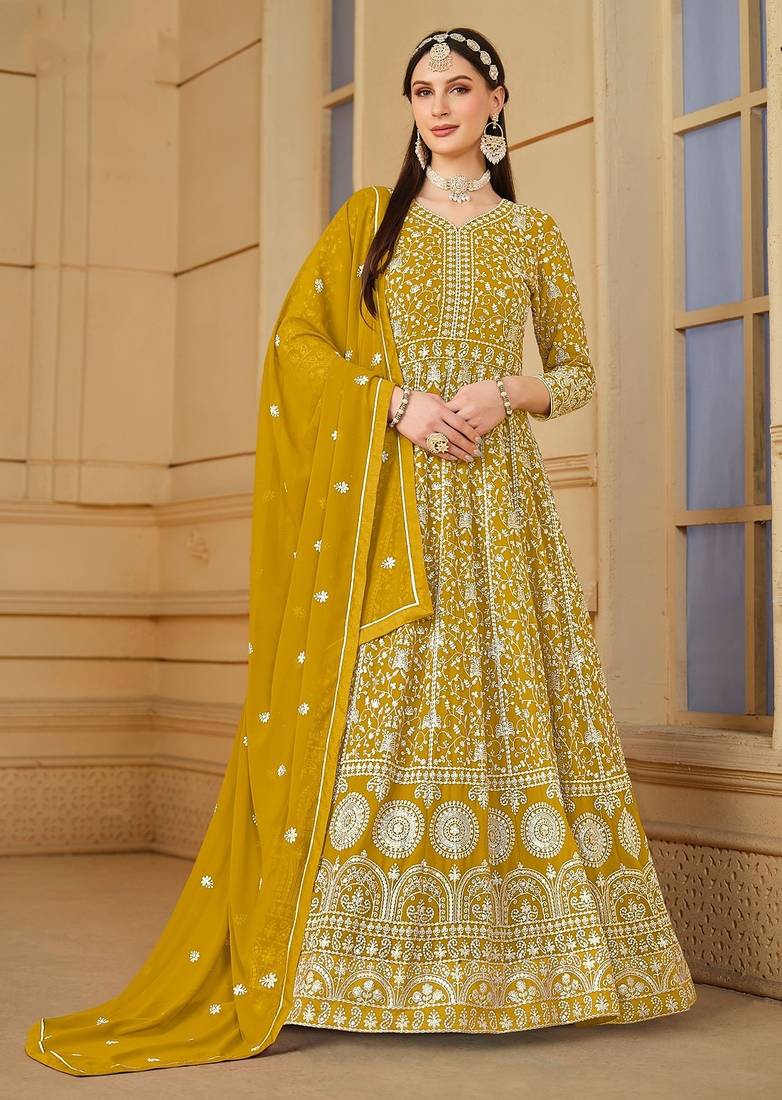Mustard georgette embroidered & sequins semi stitched suit size up to 42