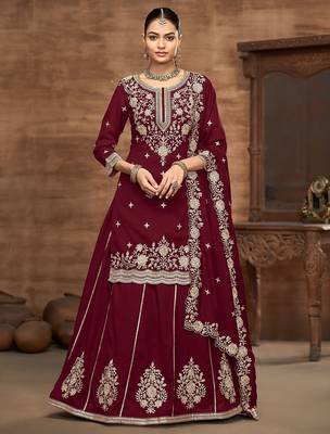 Maroon vichitra silk zari embroidery beads sequence work & floral printed free size stitch suit size up to 42 1