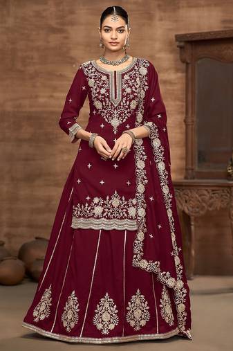 Maroon vichitra silk zari embroidery beads sequence work & floral printed free size stitch suit size up to 42