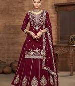 Maroon vichitra silk zari embroidery beads sequence work & floral printed free size stitch suit size up to 42