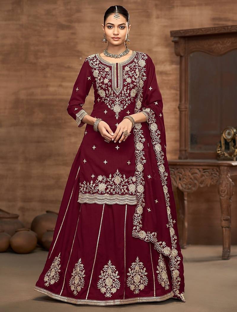 Maroon vichitra silk zari embroidery beads sequence work & floral printed free size stitch suit size up to 42