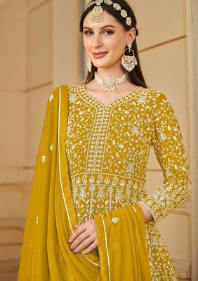 Mustard georgette embroidered & sequins semi stitched suit size up to 42 2