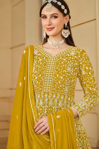 Mustard georgette embroidered & sequins semi stitched suit size up to 42