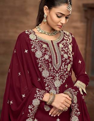 Maroon vichitra silk zari embroidery beads sequence work & floral printed free size stitch suit size up to 42 2