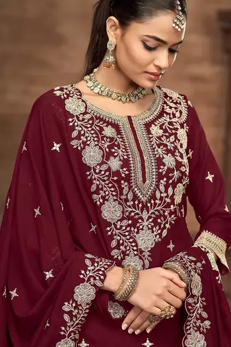 Maroon vichitra silk zari embroidery beads sequence work & floral printed free size stitch suit size up to 42