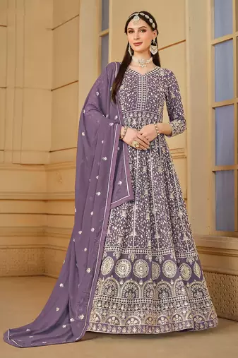 Purple georgette embroidered & sequins semi stitched suit size up to 42