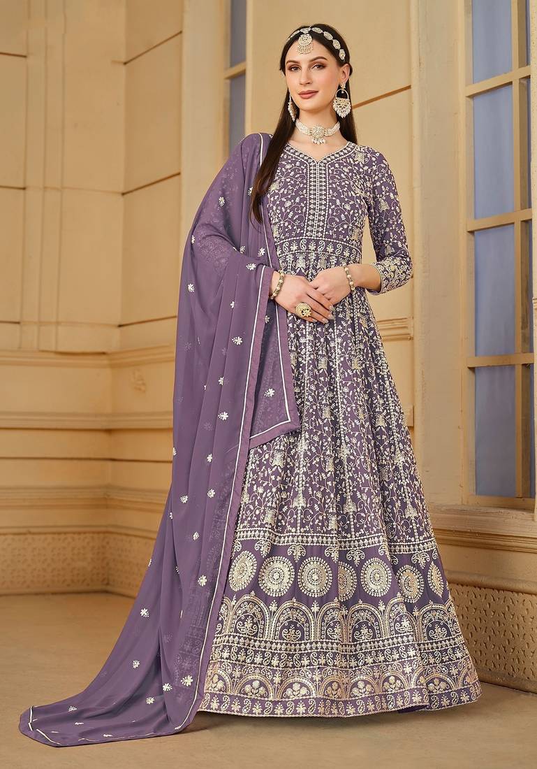 Purple georgette embroidered & sequins semi stitched suit size up to 42