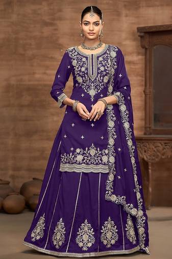 Purple vichitra silk zari embroidery beads sequence work & floral printed free size stitch suit size up to 42