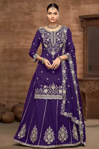 Purple vichitra silk zari embroidery beads sequence work & floral printed free size stitch suit size up to 42