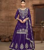 Purple vichitra silk zari embroidery beads sequence work & floral printed free size stitch suit size up to 42