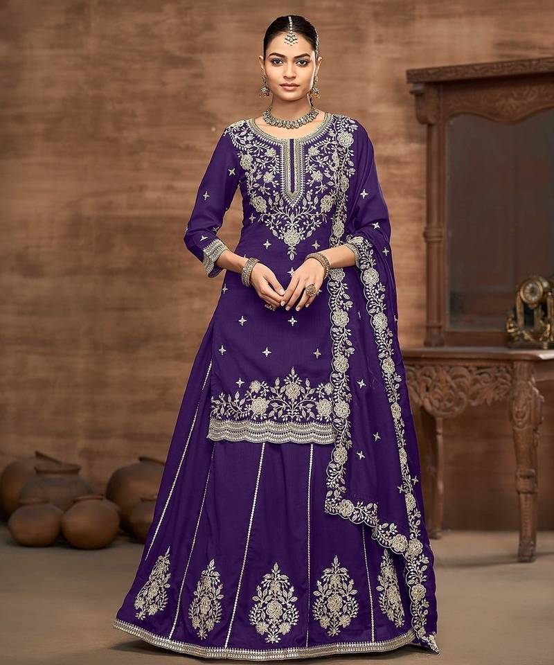 Purple vichitra silk zari embroidery beads sequence work & floral printed free size stitch suit size up to 42