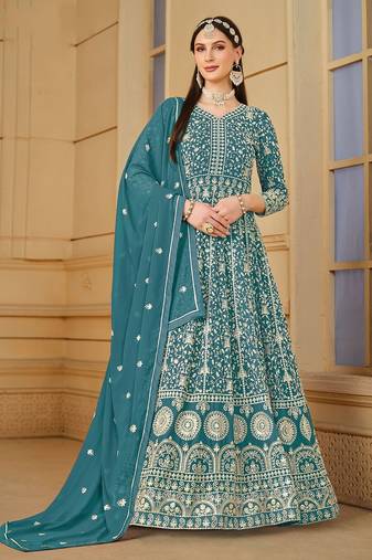 Teal blue georgette embroidered & sequins semi stitched suit size up to 42