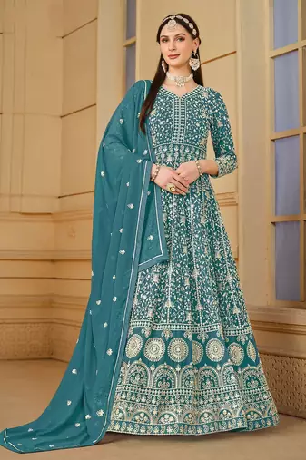 Teal blue georgette embroidered & sequins semi stitched suit size up to 42