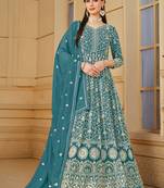 Teal blue georgette embroidered & sequins semi stitched suit size up to 42