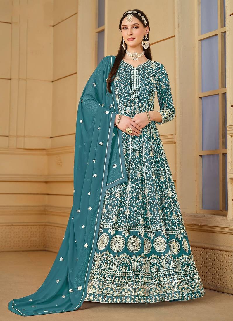 Teal blue georgette embroidered & sequins semi stitched suit size up to 42