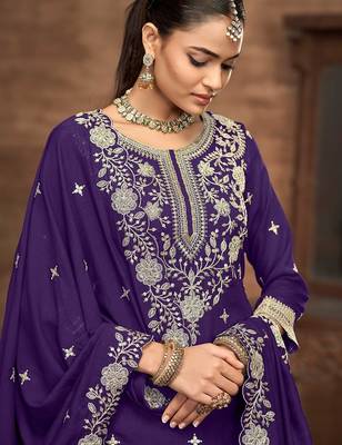 Purple vichitra silk zari embroidery beads sequence work & floral printed free size stitch suit size up to 42 2