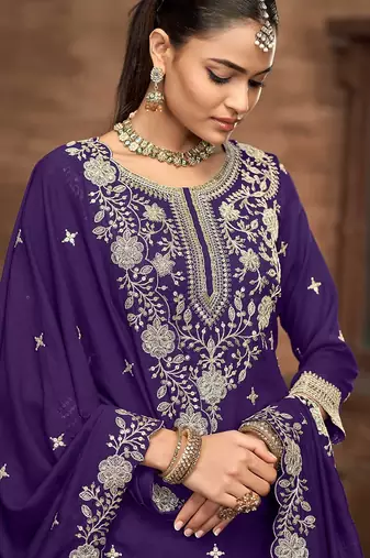 Purple vichitra silk zari embroidery beads sequence work & floral printed free size stitch suit size up to 42