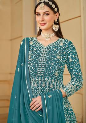 Teal blue georgette embroidered & sequins semi stitched suit size up to 42 2