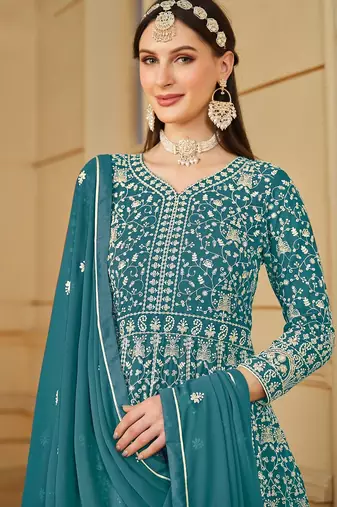 Teal blue georgette embroidered & sequins semi stitched suit size up to 42