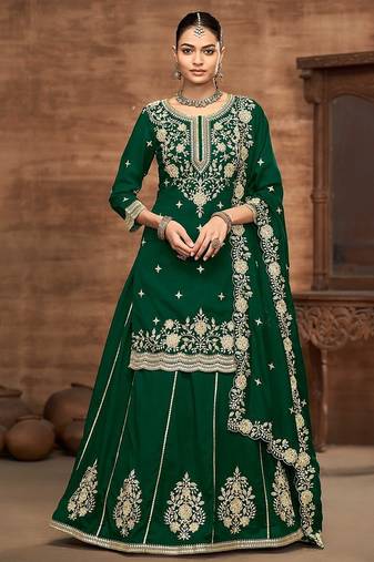 Green vichitra silk zari embroidery beads sequence work & floral printed free size stitch suit size up to 42