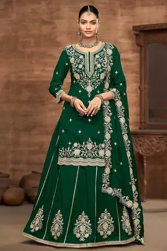 Green vichitra silk zari embroidery beads sequence work & floral printed free size stitch suit size up to 42