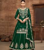 Green vichitra silk zari embroidery beads sequence work & floral printed free size stitch suit size up to 42