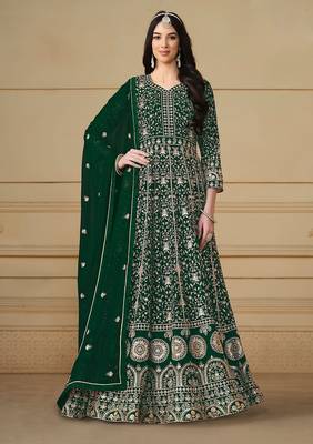 Green georgette embroidered & sequins semi stitched suit size up to 42 1