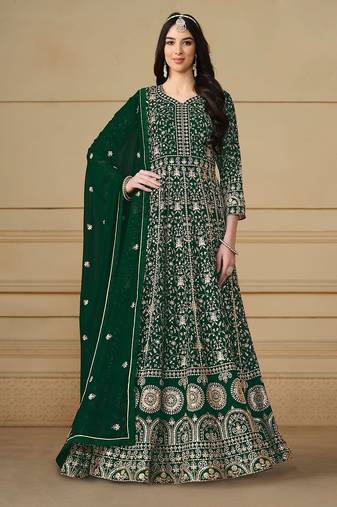 Green georgette embroidered & sequins semi stitched suit size up to 42