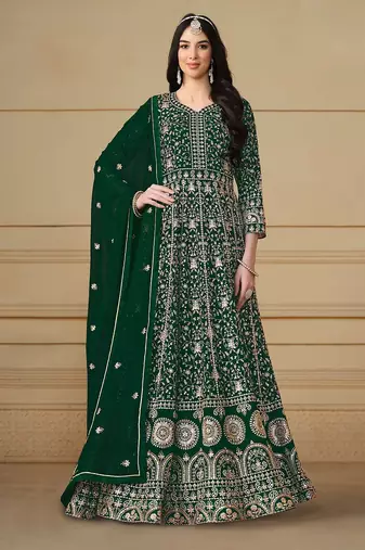 Green georgette embroidered & sequins semi stitched suit size up to 42