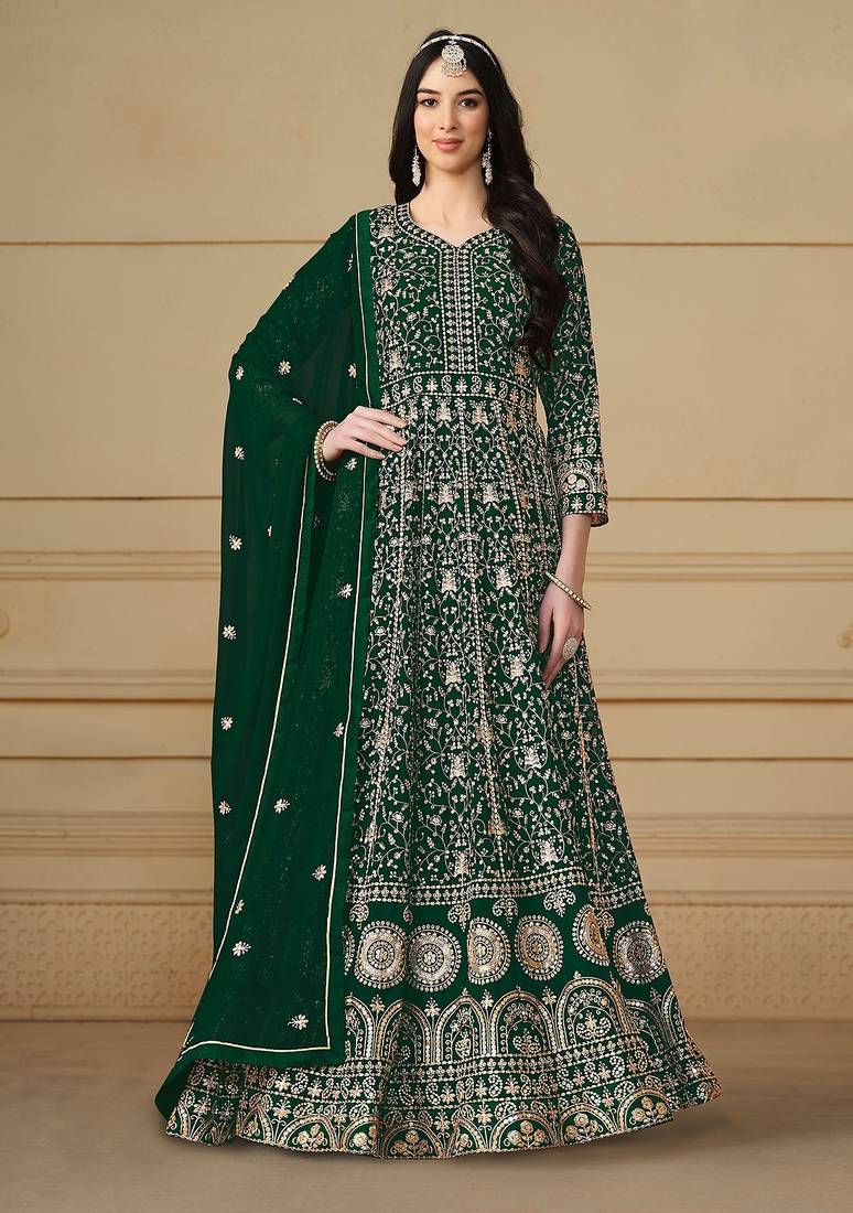 Green georgette embroidered & sequins semi stitched suit size up to 42