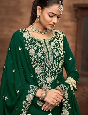 Green vichitra silk zari embroidery beads sequence work & floral printed free size stitch suit size up to 42 2