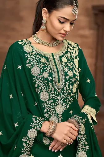 Green vichitra silk zari embroidery beads sequence work & floral printed free size stitch suit size up to 42