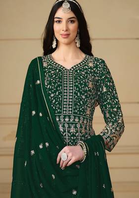 Green georgette embroidered & sequins semi stitched suit size up to 42 2