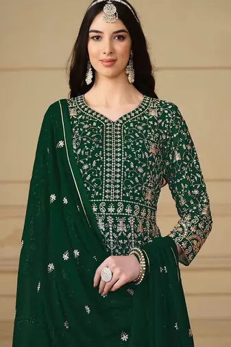 Green georgette embroidered & sequins semi stitched suit size up to 42