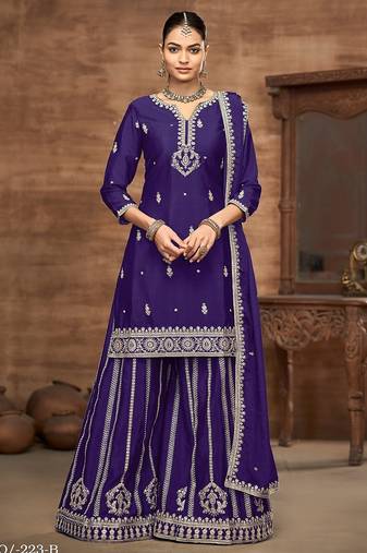 Purple chinnon zari embroidery & sequins free size stitch suit size up to 42
