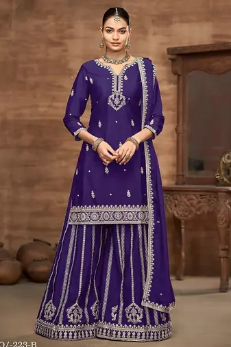 Purple chinnon zari embroidery & sequins free size stitch suit size up to 42