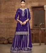 Purple chinnon zari embroidery & sequins free size stitch suit size up to 42