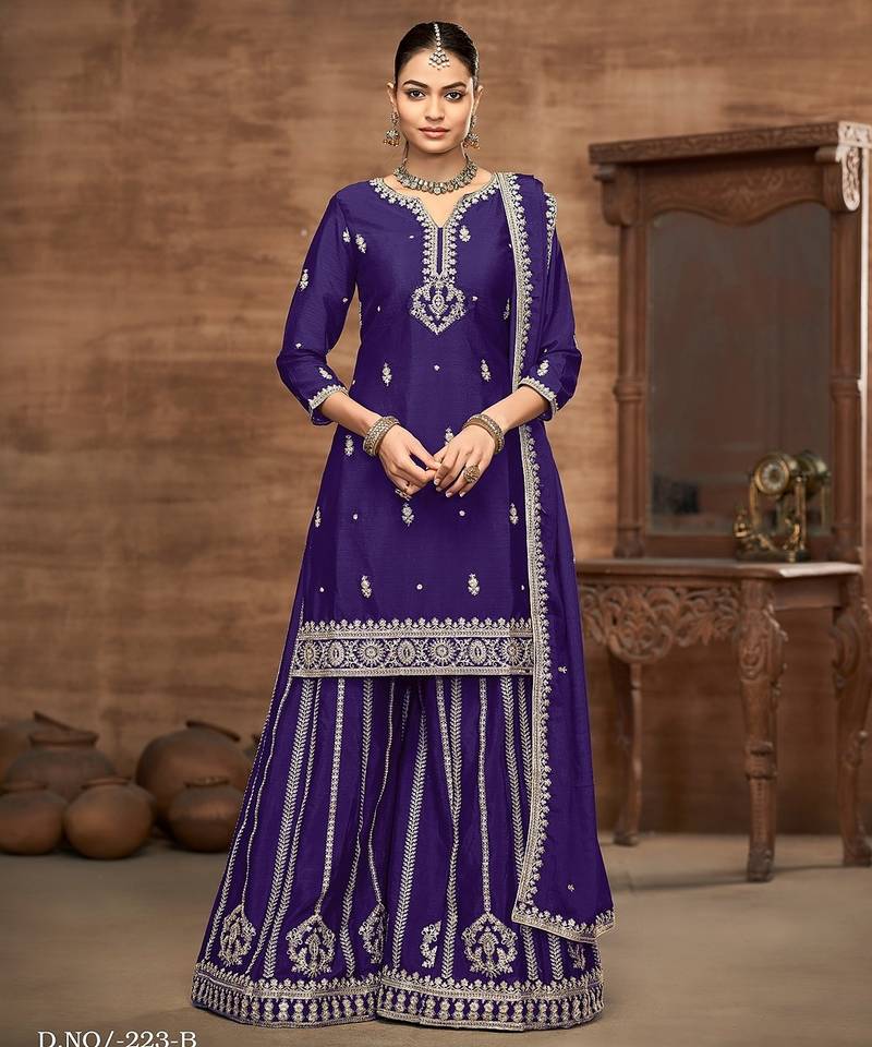 Purple chinnon zari embroidery & sequins free size stitch suit size up to 42
