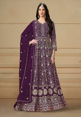 Wine georgette embroidered & sequins semi stitched suit size up to 42 1