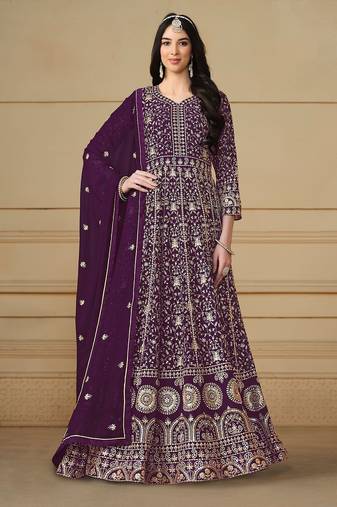 Wine georgette embroidered & sequins semi stitched suit size up to 42