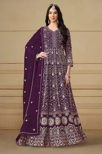Wine georgette embroidered & sequins semi stitched suit size up to 42