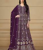 Wine georgette embroidered & sequins semi stitched suit size up to 42