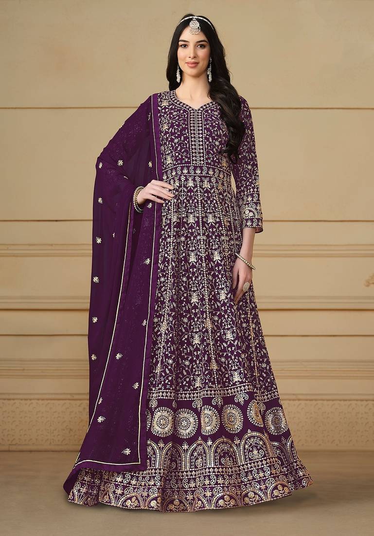 Wine georgette embroidered & sequins semi stitched suit size up to 42