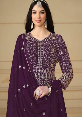 Wine georgette embroidered & sequins semi stitched suit size up to 42 2