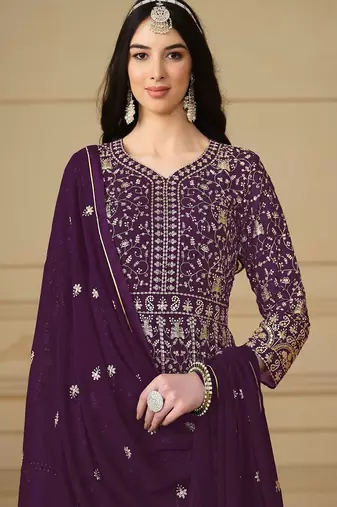 Wine georgette embroidered & sequins semi stitched suit size up to 42
