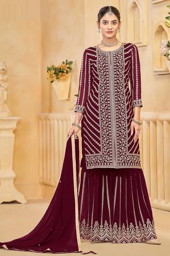 Maroon georgette zari embroidery & sequins free size stitch suit size up to 42