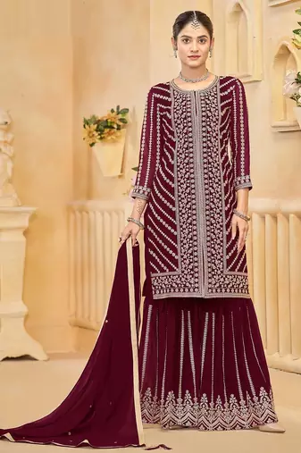 Maroon georgette zari embroidery & sequins free size stitch suit size up to 42