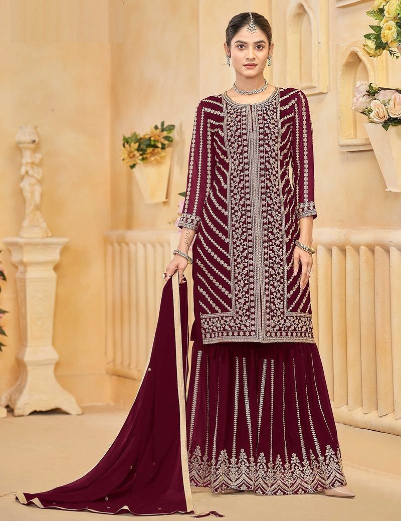Maroon georgette zari embroidery & sequins free size stitch suit size up to 42